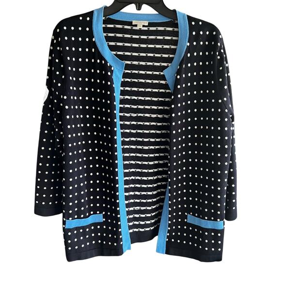 TALBOTS Black polka dot blue trip open front sweater 3/4 sleeves NWOT Sz M - Picture 1 of 7